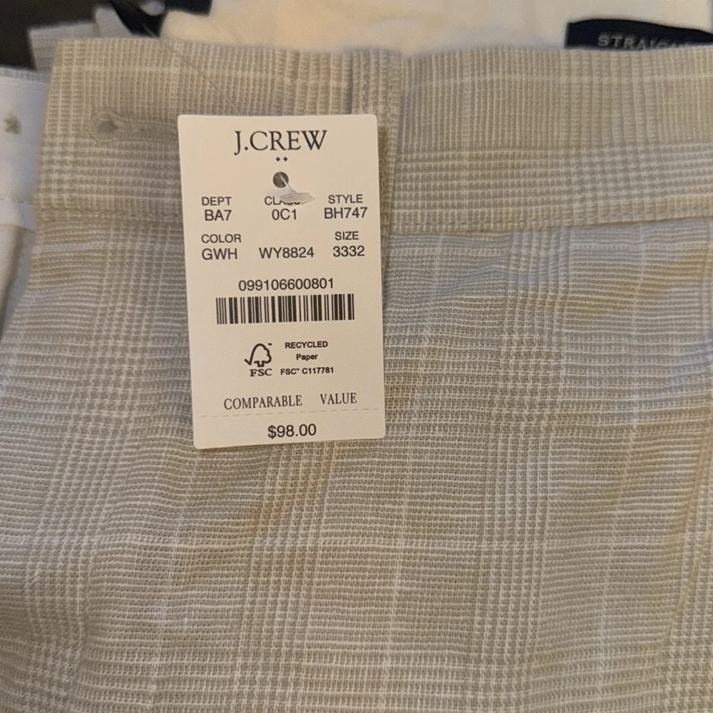 J.CREW Pants Men 33x32‎ Linen Cotton Straight Fit Beige Plaid BH747